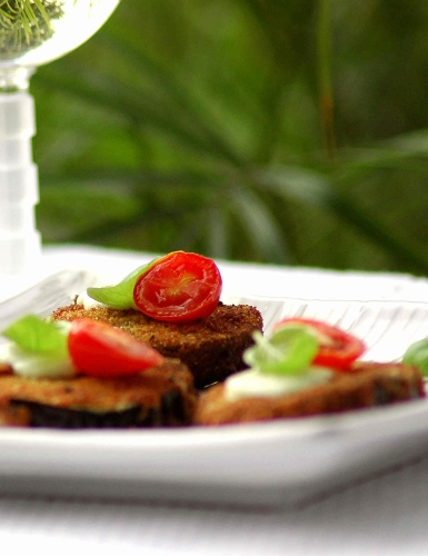 Баклажановые хрустящие кружочки с моццареллой, базиликом и томатами-черри