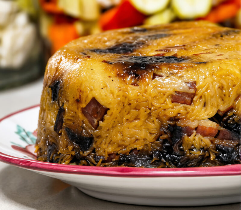 Локшен кугель с беконом и черносливом