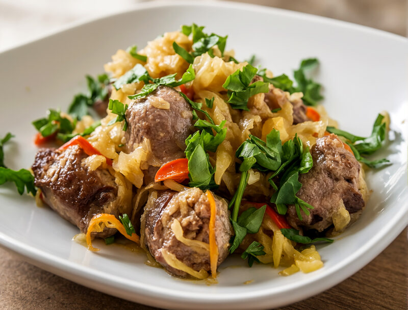 Тушеная квашеная капуста с колбасками