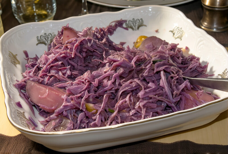 Тушеная краснокочанная капуста с яблоками и каштанами