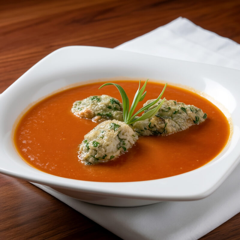 Томатный суп с кнелями из базилика (Soupe à la tomate et quenelles au basilic)