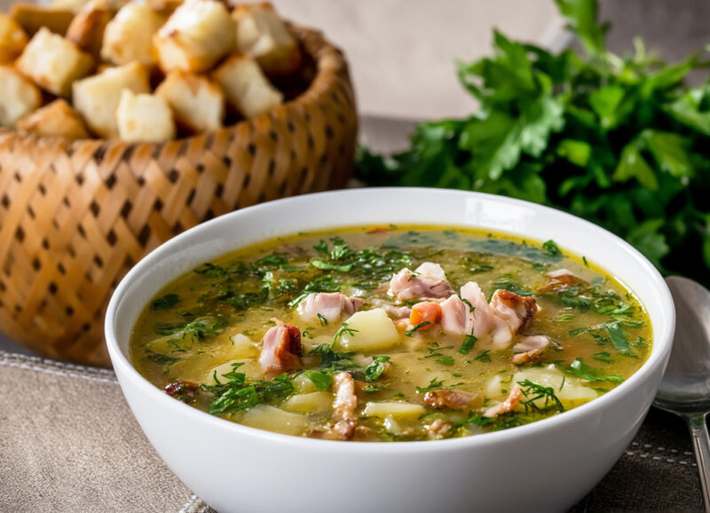 Гороховый суп с копченостями и сухариками
