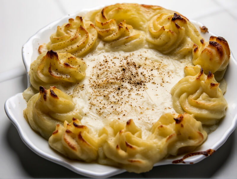Запеченные морские гребешки с соусом Морне и картофельным пюре