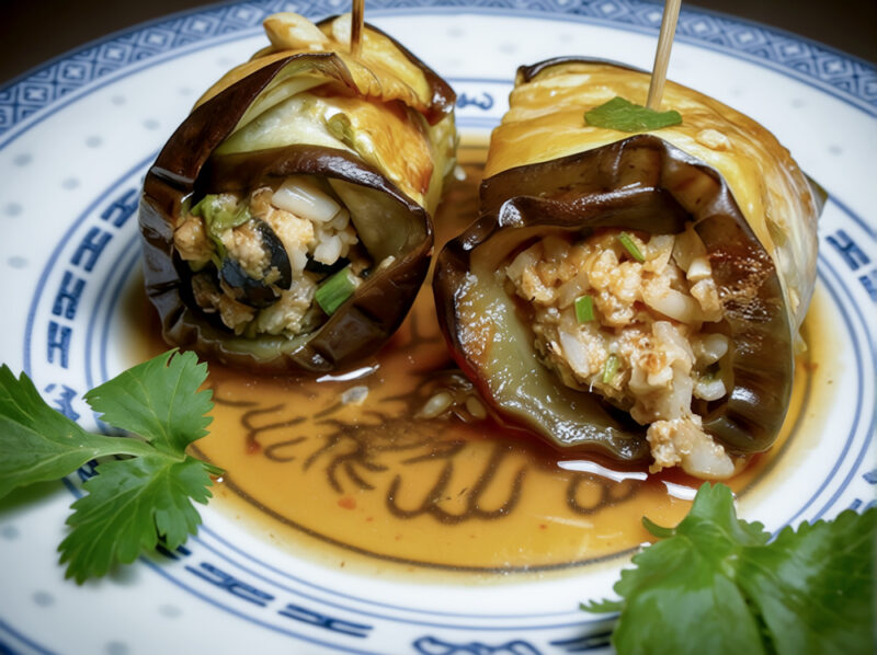 Баклажановые рулетики, фаршированные мясом и рисом