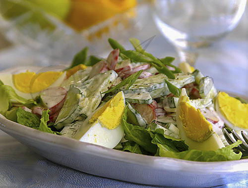 Весенний салат с редисом, яйцами и огурцами