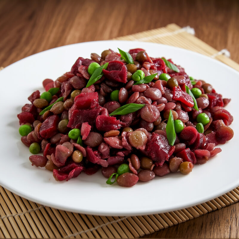 Салат из чечевицы, зеленого горошка и свёклы