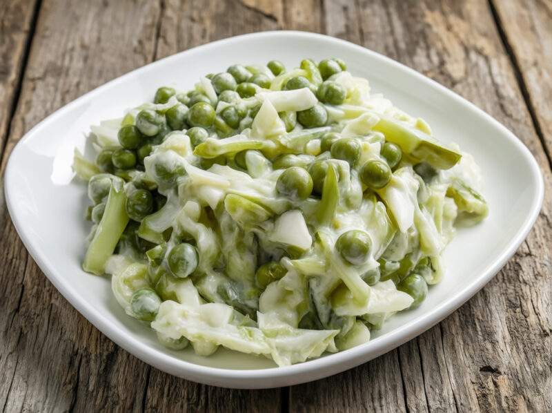 Салат с жареными грибами, картофелем и горошком
