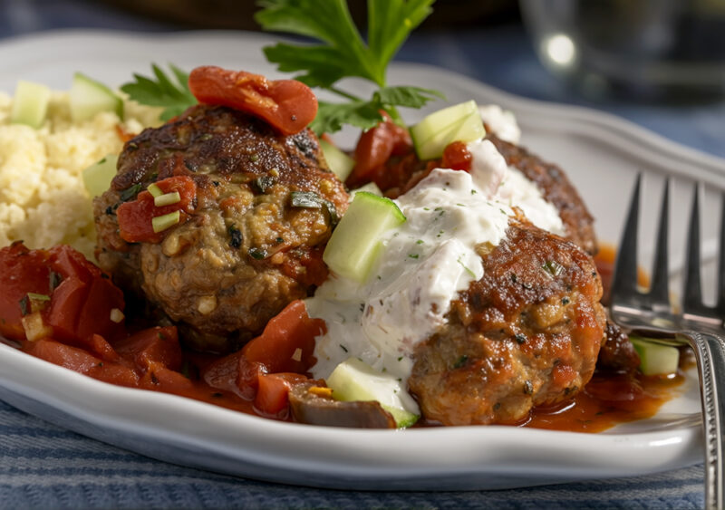 Тефтели по-гречески с лимонным кускусом и йогуртовым соусом