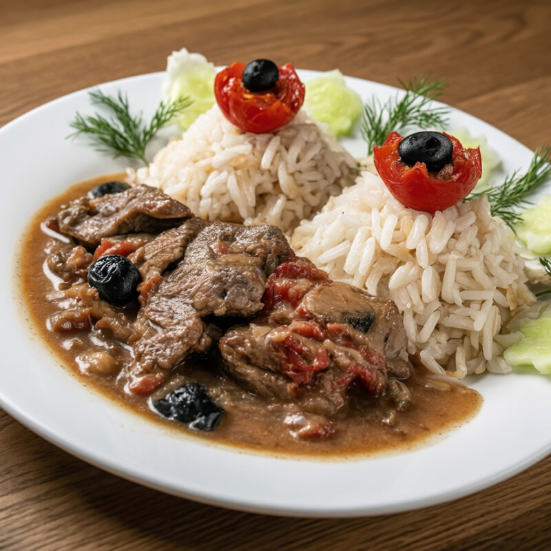 Тушеное мясо с баклажанами и помидорами