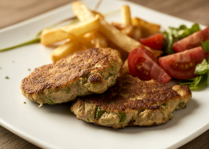 Оладьи с кабачком, свининой и майонезным соусом