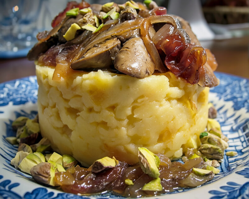 Куриная печень с джемом из красного лука и фисташками