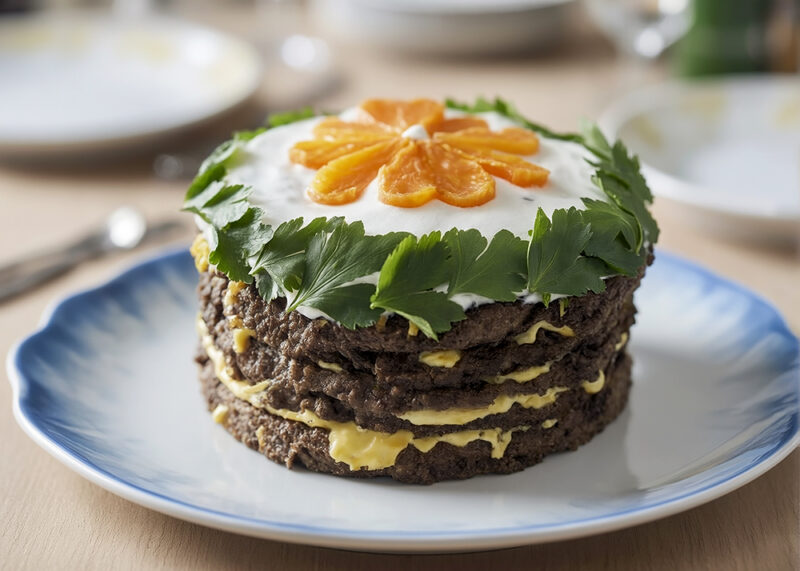 Печеночный торт с овощами и сырным соусом