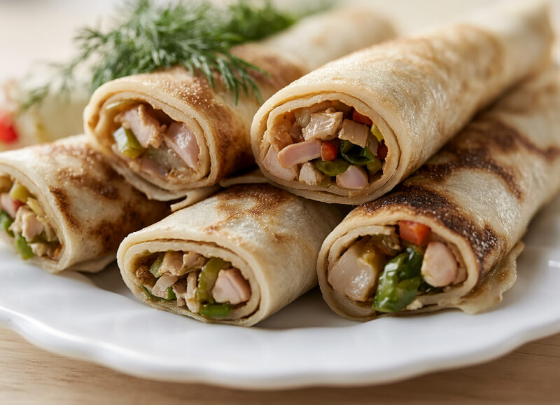 Блинчики с копченой курицей и ананасами