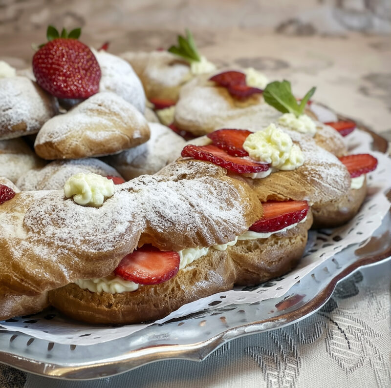 Кольцо из заварного теста с клубникой и масляным и творожным кремом